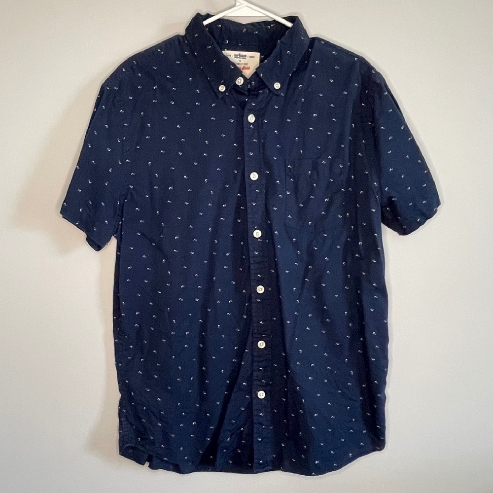 Urban Pipeline Button Down‎ Navy Shirt Short Sleeve Print Casual Top Mens Large